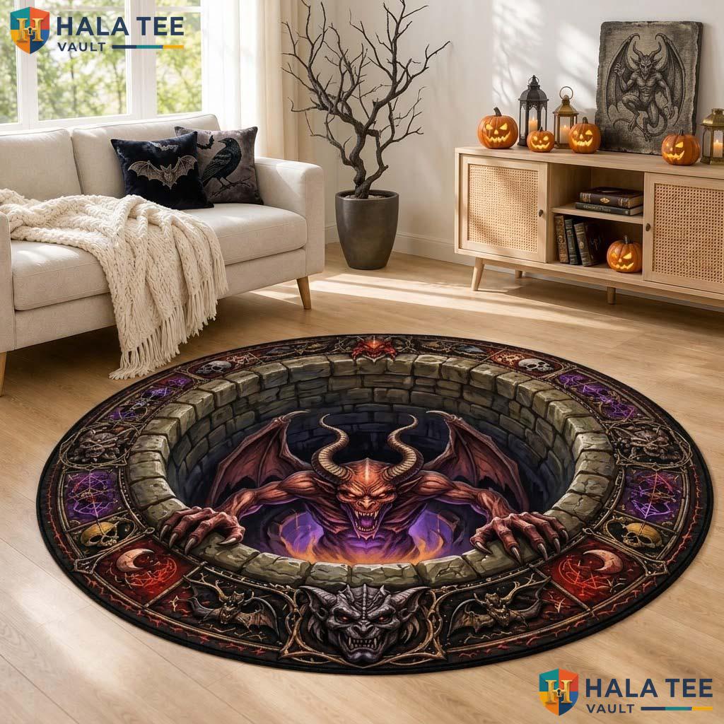 Demon Pit Halloween Round Area Rug 3D Spooky Quilt Optical Illusion