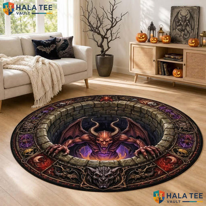 Demon Pit Halloween Round Area Rug 3D Spooky Quilt Optical Illusion