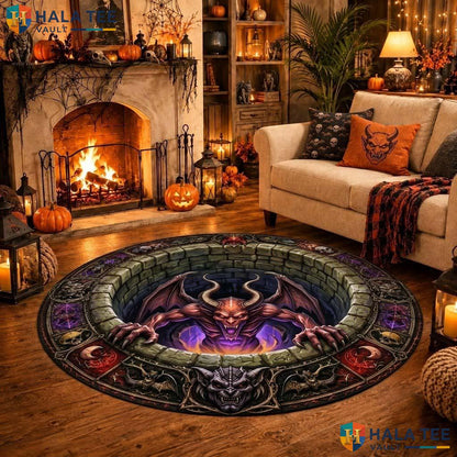 Demon Pit Halloween Round Area Rug 3D Spooky Quilt Optical Illusion Adult