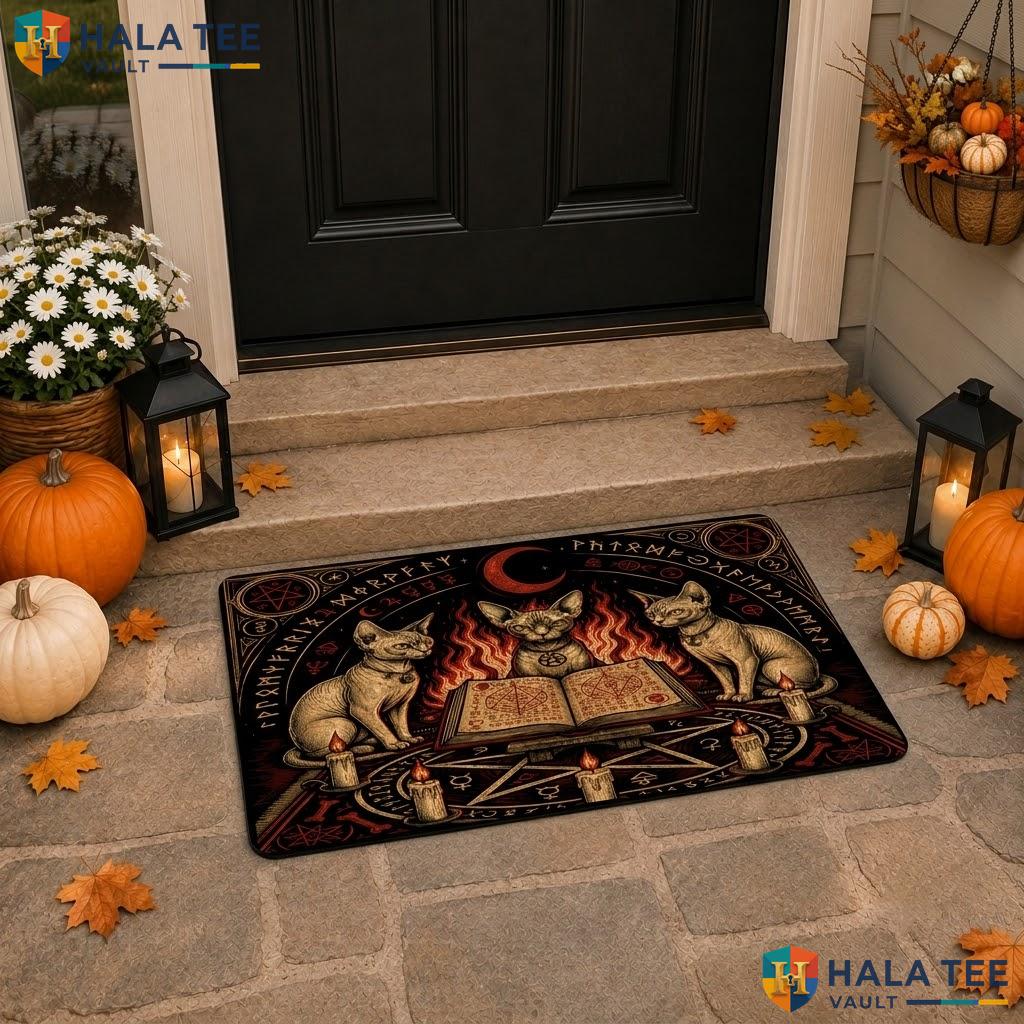 Devon Rexs Cats Halloween Doormat Holiday Witchy Spooky Welcome Floor Rug