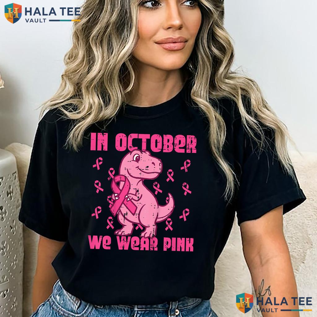 Dino October Wear Pink Shirt Kids Breast Cancer Awareness Boys Top Adult