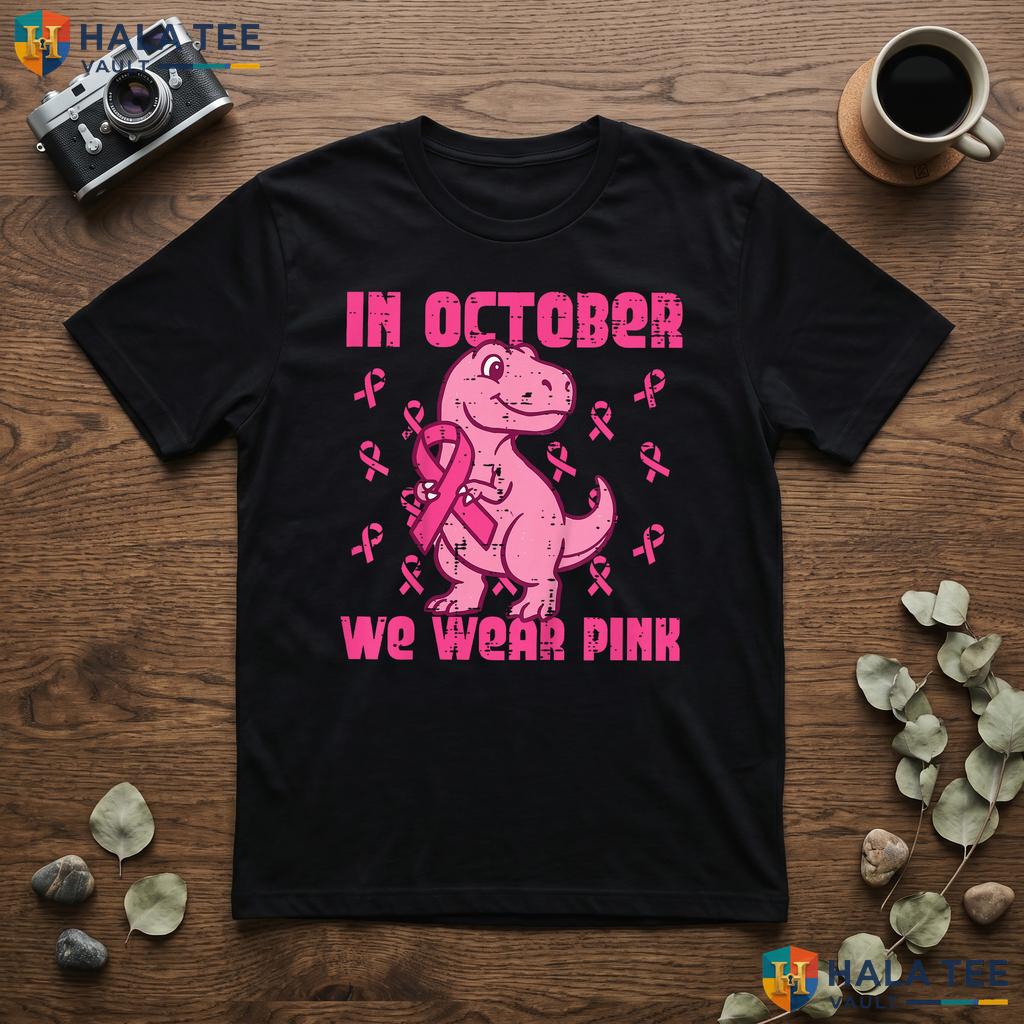 Dino October Wear Pink Shirt Kids Breast Cancer Awareness Boys Top Adult