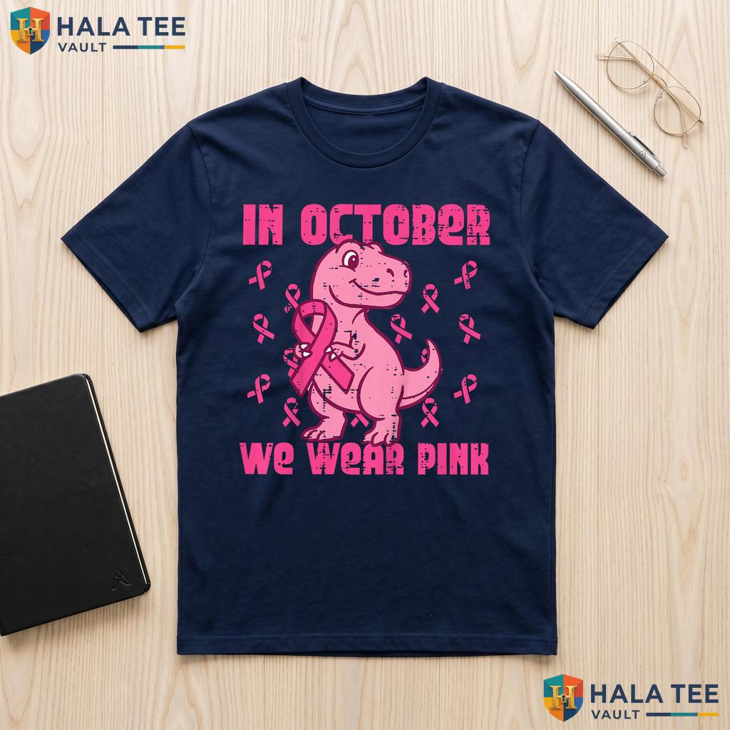 Dino October Wear Pink Shirt Kids Breast Cancer Awareness Boys Top Adult