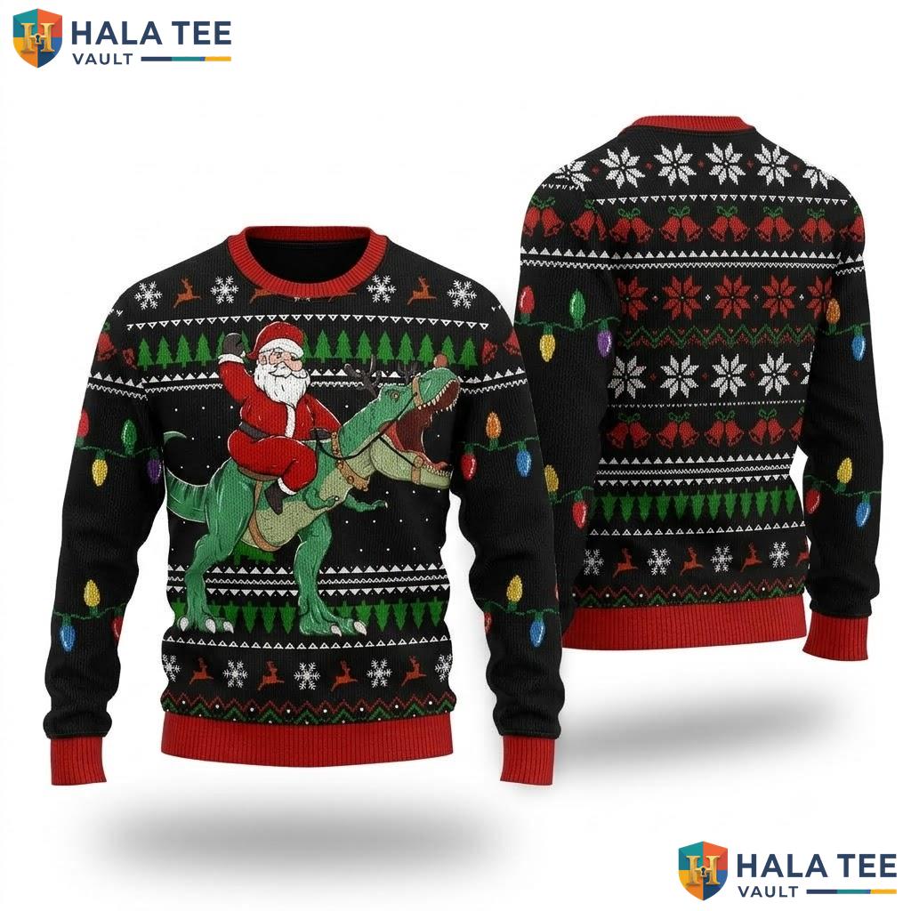 Dino Riding Santa Ugly Christmas Sweater Funny T Rex Holiday Top