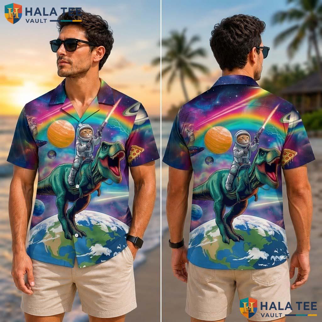 Dinosaur Astronaut Tropical Shirt T Rex Space Cat Novelty Button Down Top