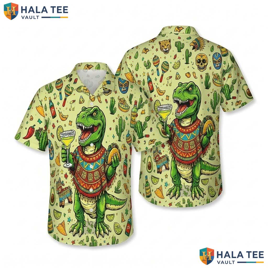 Dinosaur Cocktail Hawaiian Shirt Humorous T Rex Poncho Taco Cacti Button Up