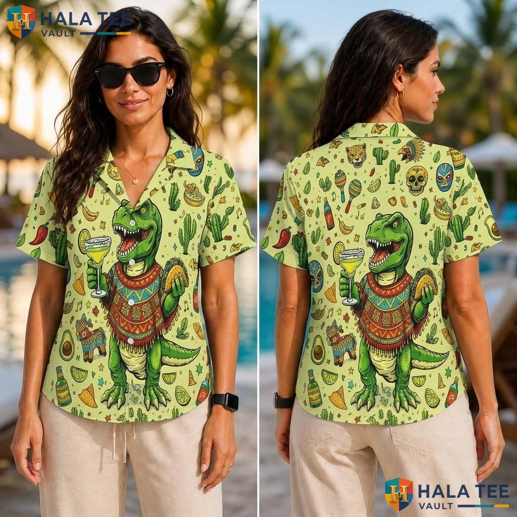 Dinosaur Cocktail Tropical Shirt Humorous T Rex Poncho Taco Cacti Button Up