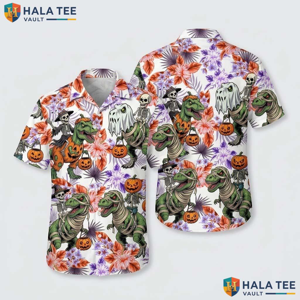Dinosaur Mummy Halloween Hawaiian Shirt Funny Skeleton Pumpkin Top