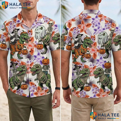Dinosaur Mummy Halloween Hawaiian Shirt Funny Skeleton Pumpkin Top Adult