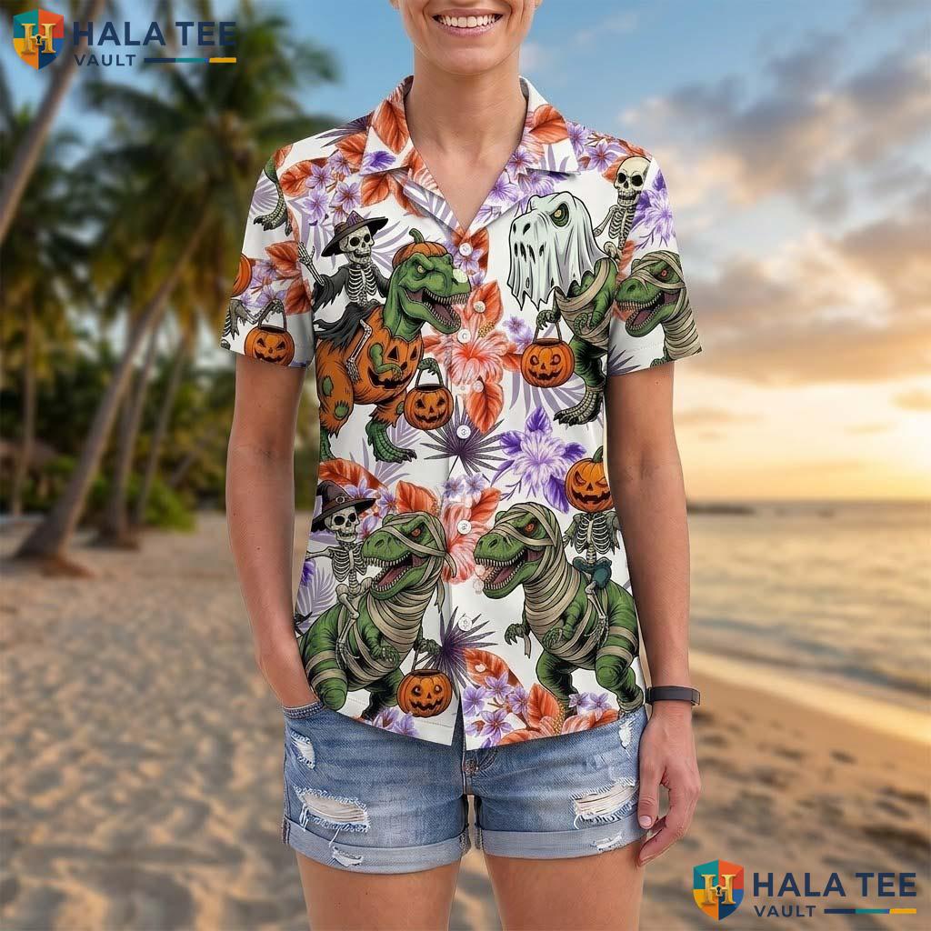 Dinosaur Mummy Halloween Hawaiian Shirt Funny Skeleton Pumpkin Top Adult