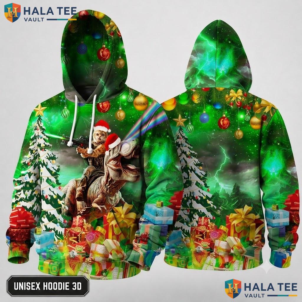 Dinosaur Santa Hat Christmas 3D Hoodie Funny Festive Pullover Top