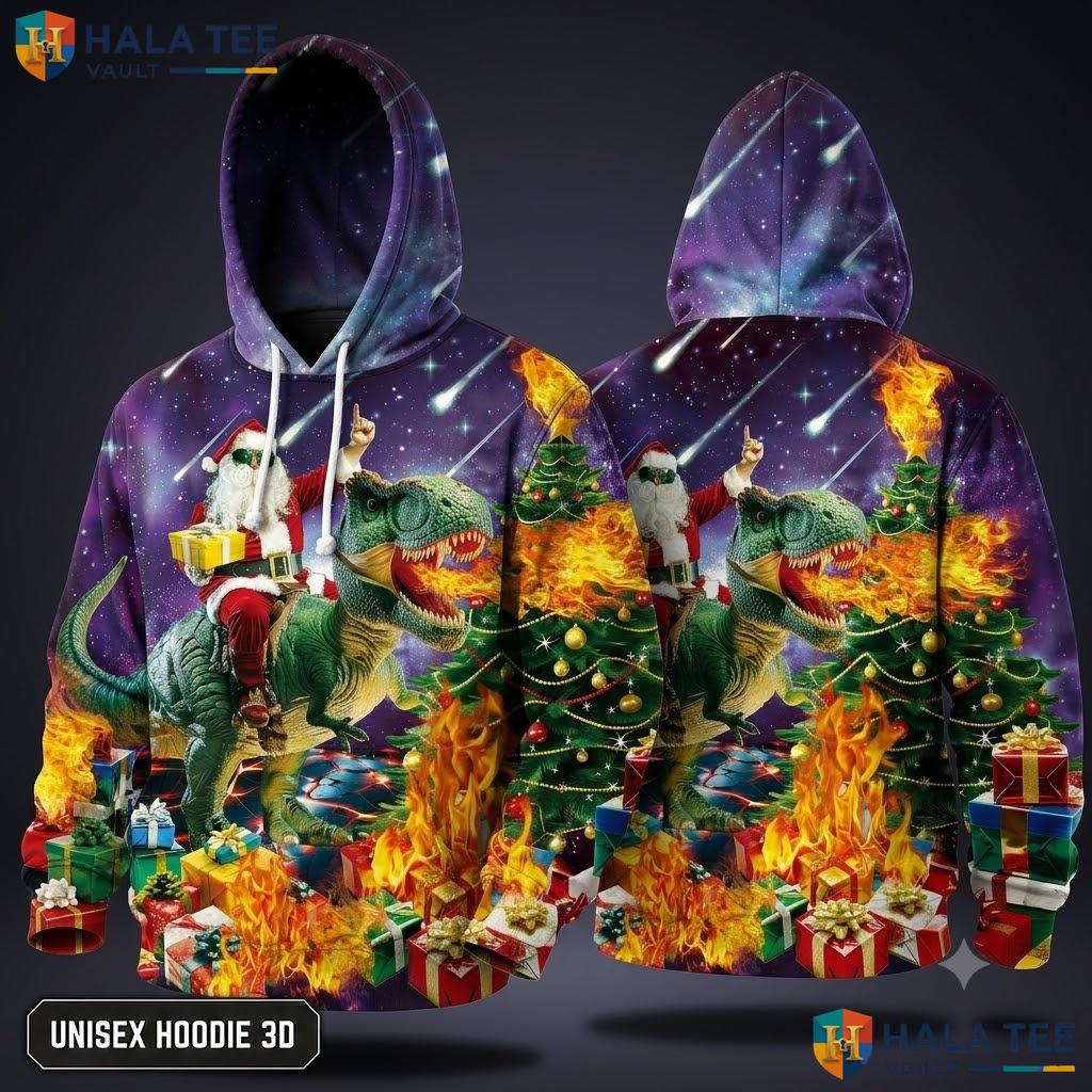 Dinosaur Santa T Rex Christmas 3D Hoodie Funny Cool Pullover Outfit