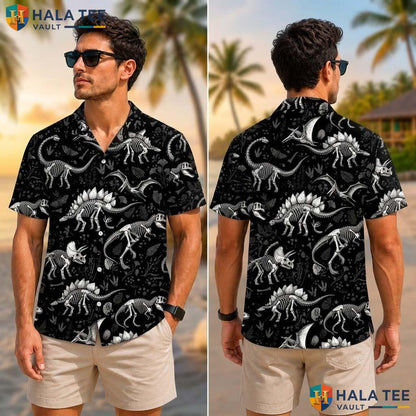 Dinosaur Skeleton Farm Life Tropical Shirt Mens Aloha Vacation Apparel