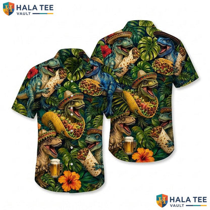 Dinosaur Summer Hawaiian Shirt Vibrant Tropical Print Raptors Button Down