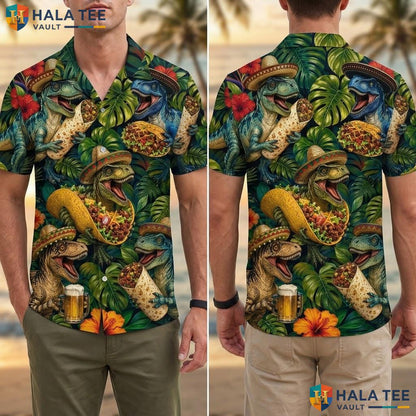 Dinosaur Summer Hawaiian Shirt Vibrant Tropical Print Raptors Button Down Adult