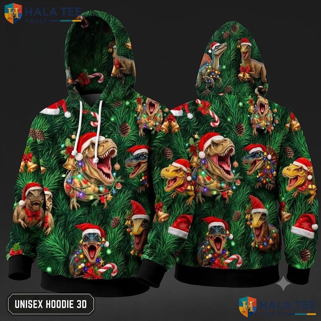 Dinosaur T Rex Whimsical Christmas 3D Hoodie Funny Mens Womens