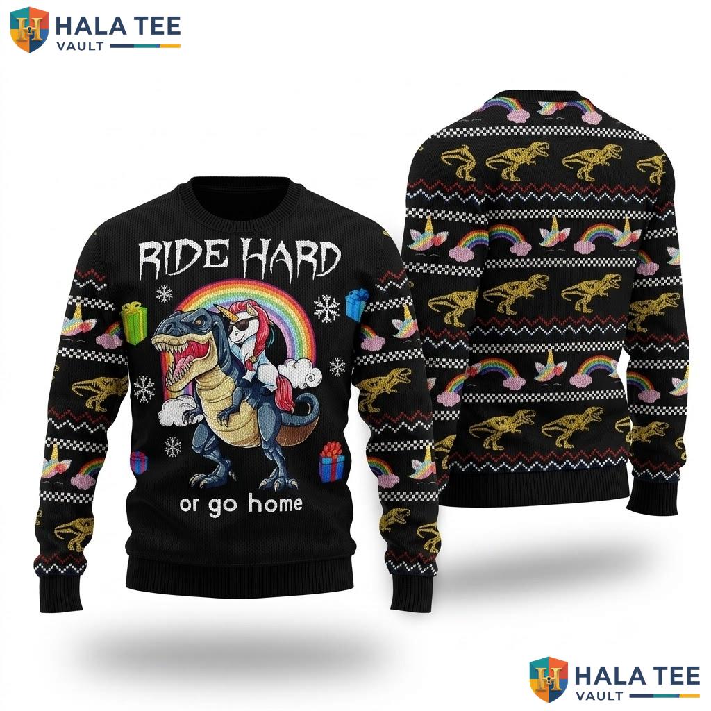 Dinosaur Unicorn Ride Hard Ugly Xmas Sweater Funny Christmas Graphic