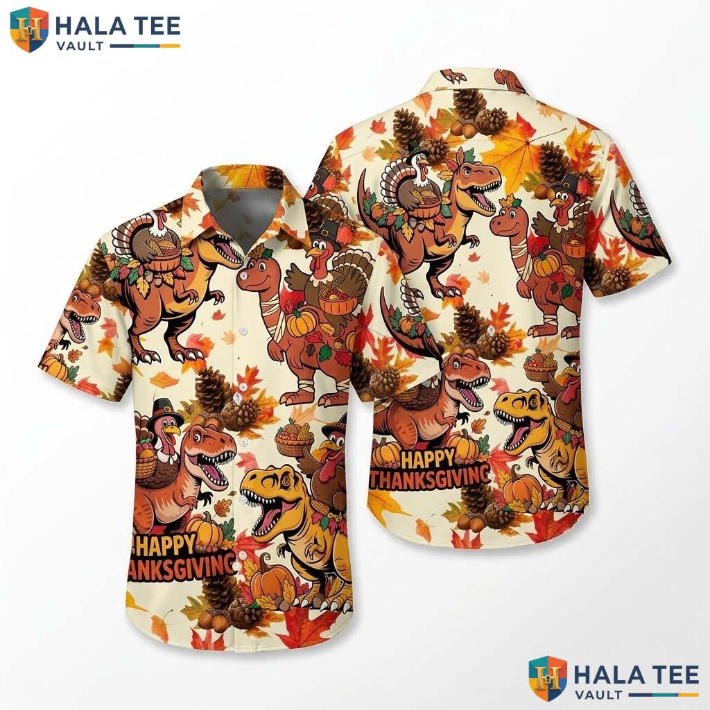 Dinosaurs Turkey Thanksgiving Hawaiian Shirt Fall Leaves Pumpkin Top