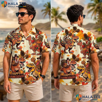 Dinosaurs Turkey Thanksgiving Tropical Shirt Fall Leaves Pumpkin Top