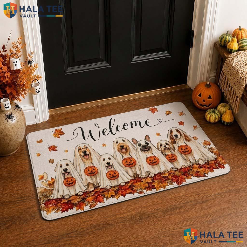 Dog Ghost Halloween Front door mat Cute Pumpkin Entrance Rug Welcome Entry Decor