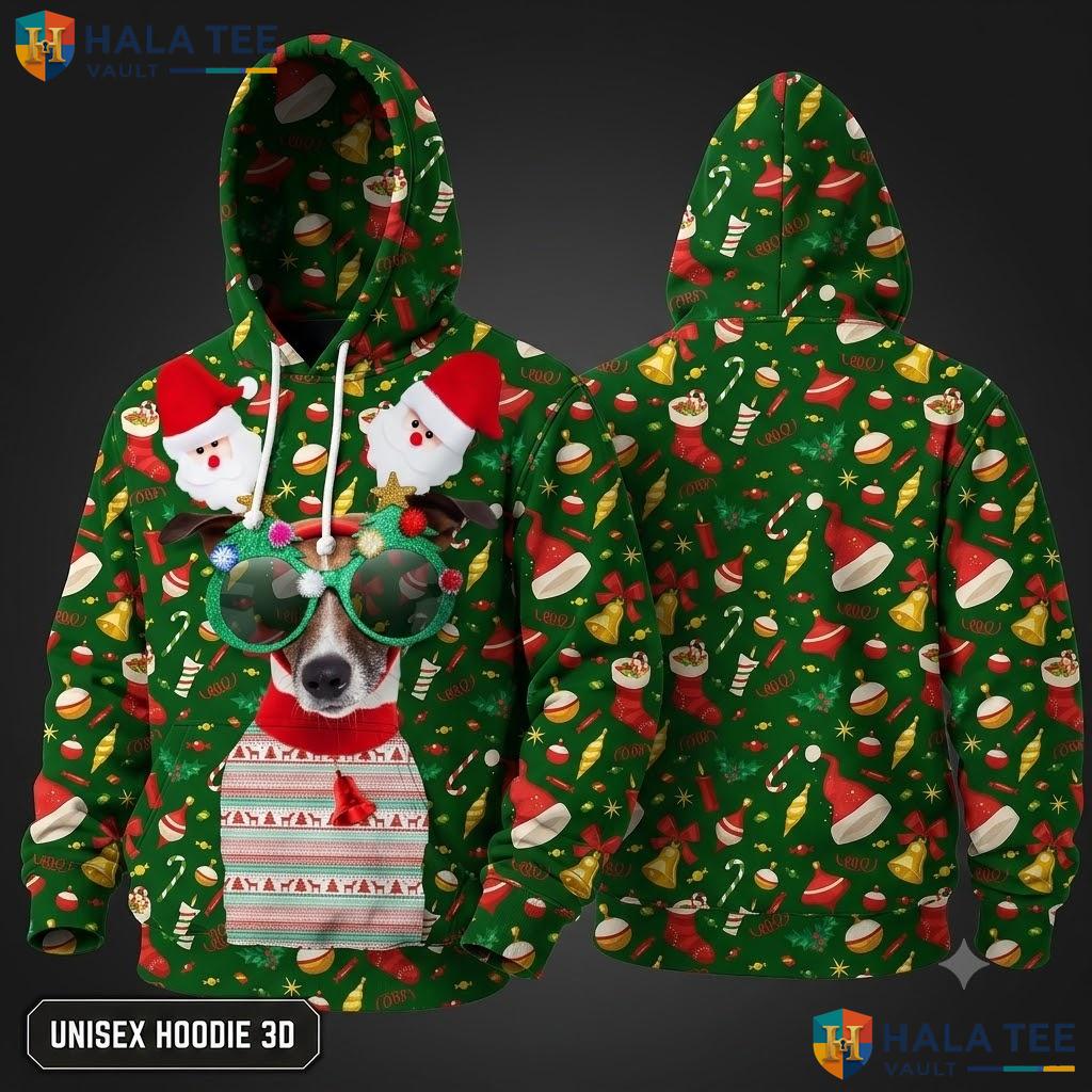 Dog Sunglasses Santa Hats Xmas 3D Hoodie Cute Festive Green Top