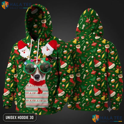 Dog Sunglasses Santa Hats Xmas 3D Hoodie Cute Festive Green Top