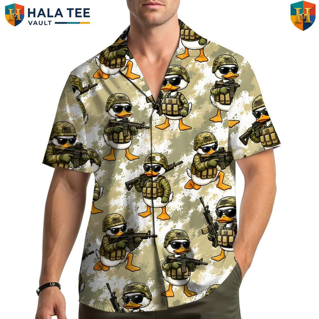 Duck Soldier Military Aloha Shirt Mens Funny Patriotic Veteran Camp Outfit