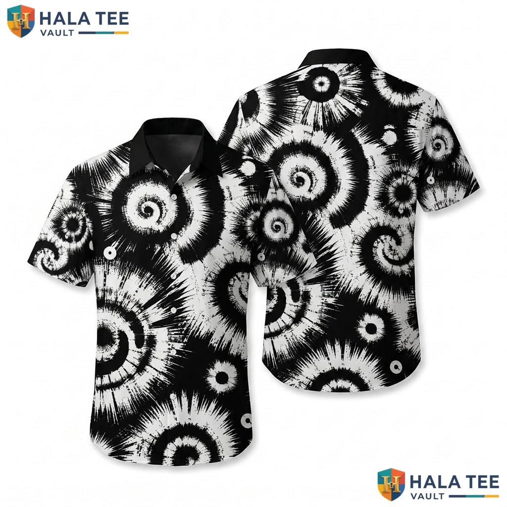Dynamic Abstract Spiral Hawaiian Shirt Black White Casual Summer Outing