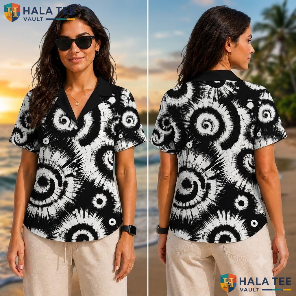 Dynamic Abstract Spiral Hawaiian Shirt Black White Casual Summer Outing Adult