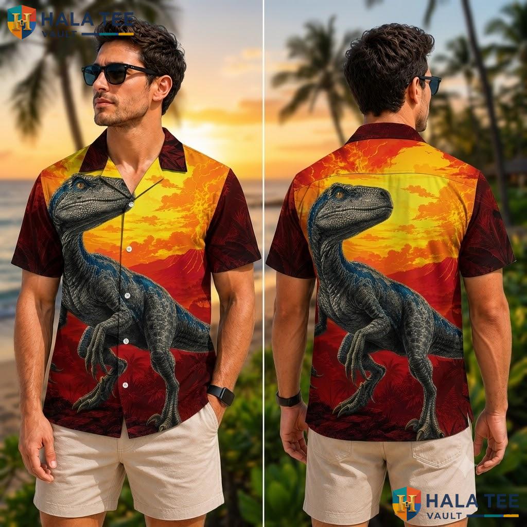 Dynamic Velociraptor Hawaiian Shirt Vibrant Red Yellow Casual Button Down Adult