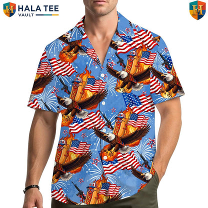 Eagle Hotdog BBQ Aloha Shirt Mens Funny Fourth Of July Cookout Party Outfit