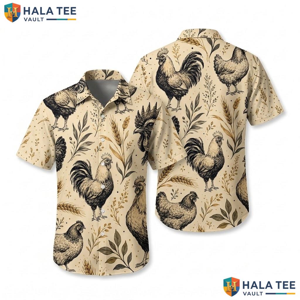 Earthy Rooster Aloha Shirt Tropical Cruise Short Sleeve Button Down Top