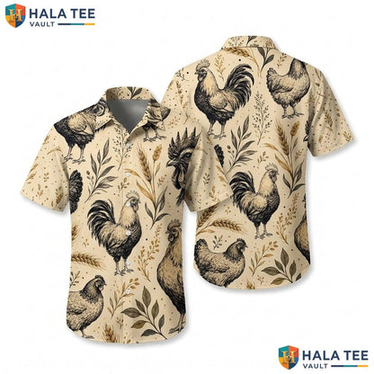 Earthy Rooster Aloha Shirt Tropical Cruise Short Sleeve Button Down Top
