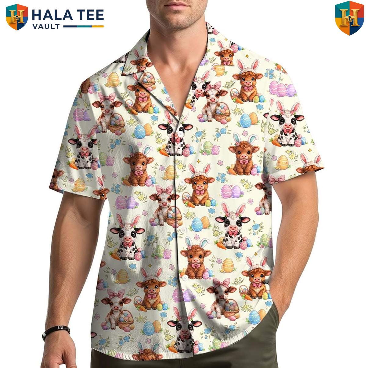 Easter Bunny Cow Short-sleeve button-up shirt Cute Floral Egg Short Sleeve Beach Outfit