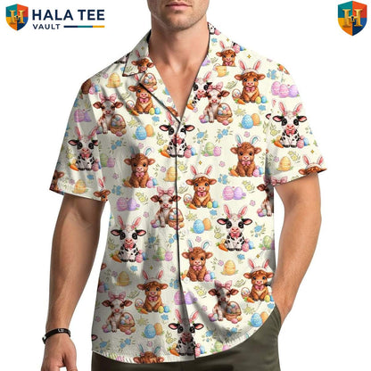 Easter Bunny Cow Short-sleeve button-up shirt Cute Floral Egg Short Sleeve Beach Outfit