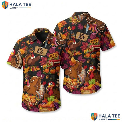 Eat Beef Thanksgiving Hawaiian Shirt Fall Leaves Pumpkin Beach Apparel