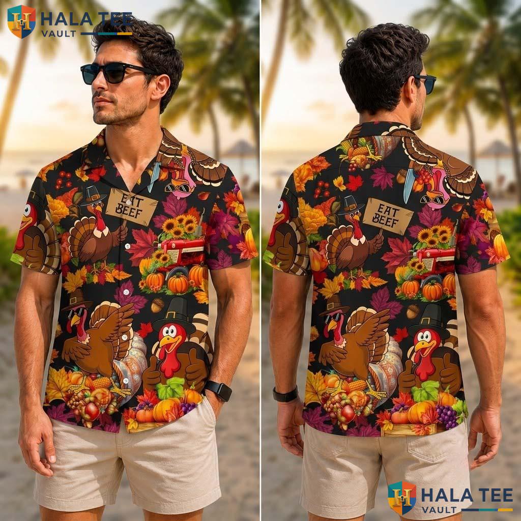 Eat Beef Thanksgiving Tropical Shirt Fall Leaves Pumpkin Beach Apparel