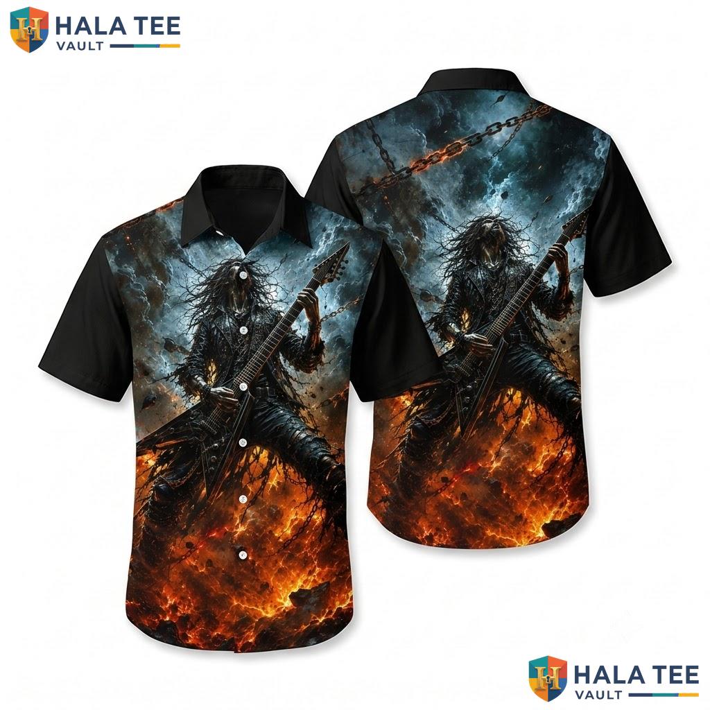 Edgy Metal Guitarist Hawaiian Shirt Bold Graphic Print Tropical Vacation