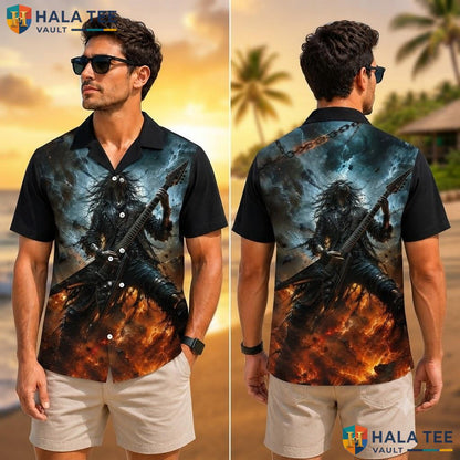 Edgy Metal Guitarist Hawaiian Shirt Bold Graphic Print Tropical Vacation Adult