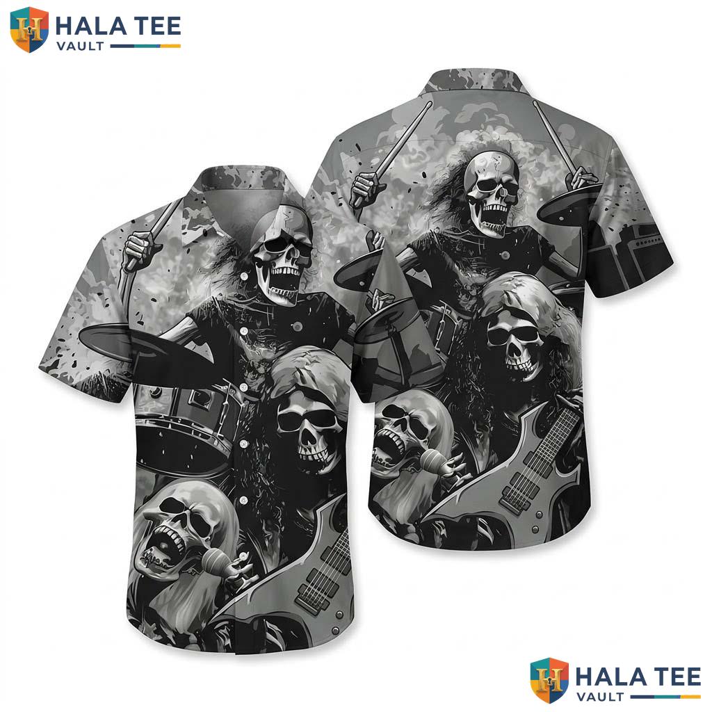 Edgy Rock Music Hawaiian Shirt Skull Instrument Casual Button Down Apparel