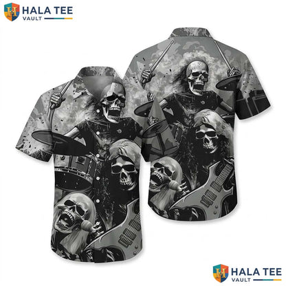 Edgy Rock Music Hawaiian Shirt Skull Instrument Casual Button Down Apparel