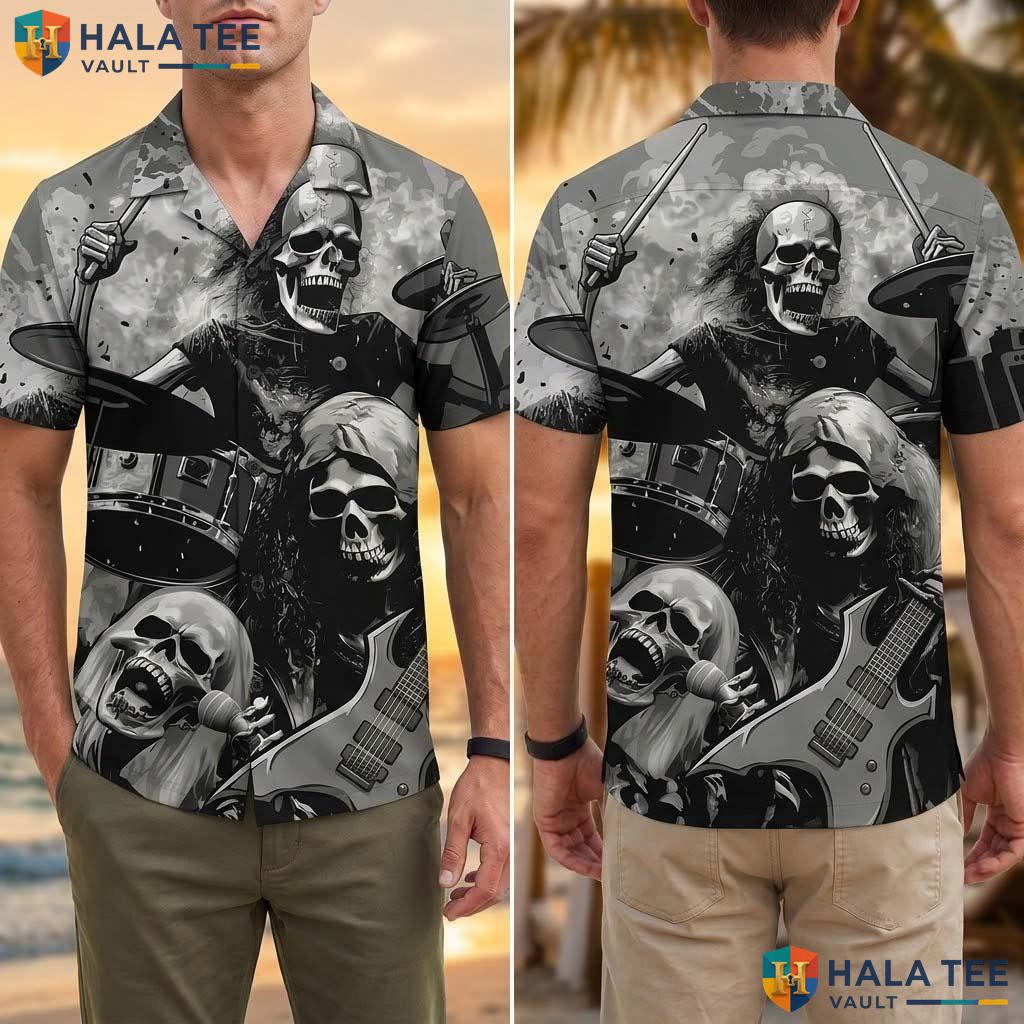 Edgy Rock Music Tropical Shirt Skull Instrument Casual Button Down Apparel