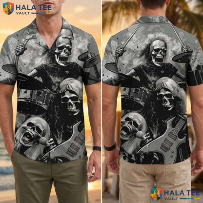 Edgy Rock Music Tropical Shirt Skull Instrument Casual Button Down Apparel