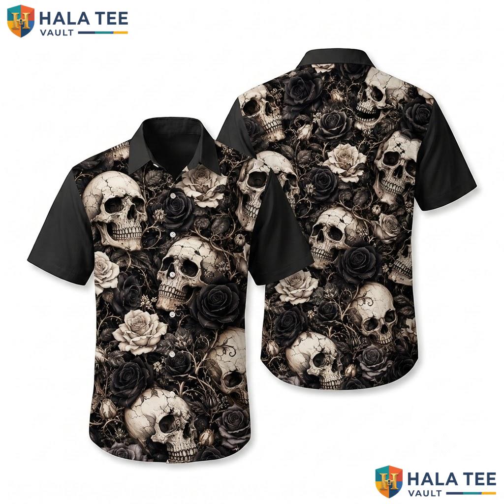 Edgy Skull Rose Hawaiian Shirt Gothic Floral Mens Button Down Summer Top