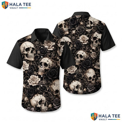Edgy Skull Rose Hawaiian Shirt Gothic Floral Mens Button Down Summer Top