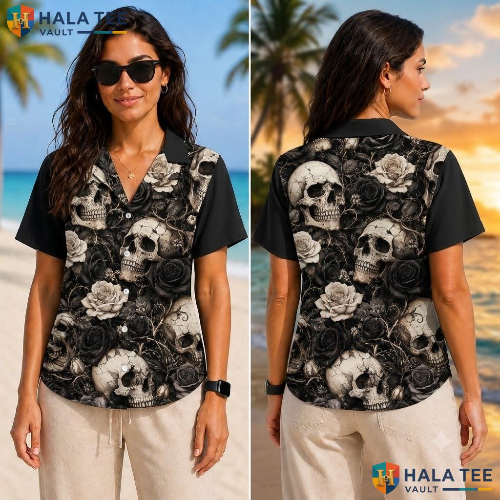 Edgy Skull Rose Hawaiian Shirt Gothic Floral Mens Button Down Summer Top Adult