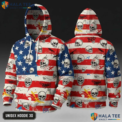 Edgy Skulls Graffiti Thanksgiving 3D Hoodie American Flag Street Art