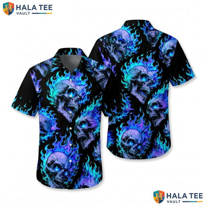 Edgy Skulls Hawaiian Shirt Vibrant Blue Purple Flame Black Button Down