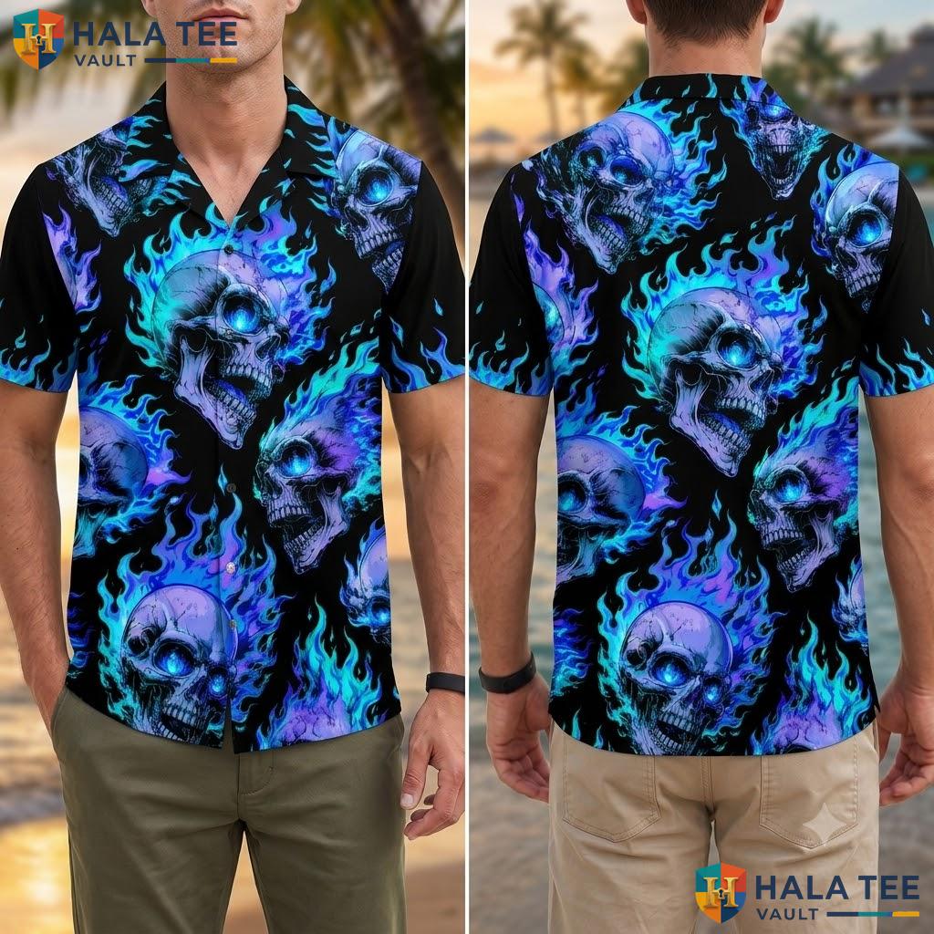 Edgy Skulls Hawaiian Shirt Vibrant Blue Purple Flame Black Button Down Adult