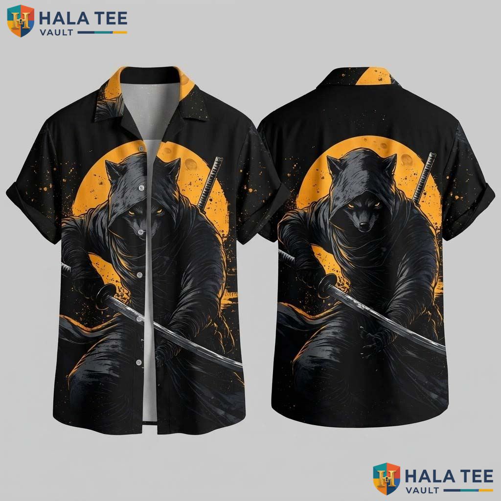 Edgy Wolf Graphic Hawaiian Shirt Fierce Sword Orange Background Button Up